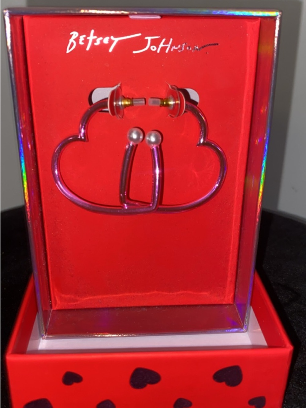 Betsey Johnson Metallic Pink Heart Hoop Earrings with Silver Bead Accents
